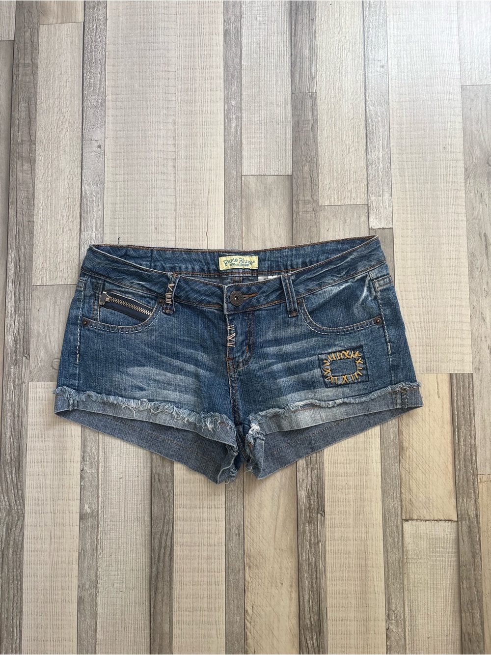 Paris Blues Medium Blue Distressed Denim Jean Shorts with Patch